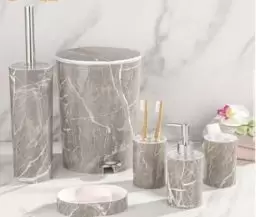 ست بهداشتی 6 پارچه طرح ماربل خط دار - لیمون - طوسی