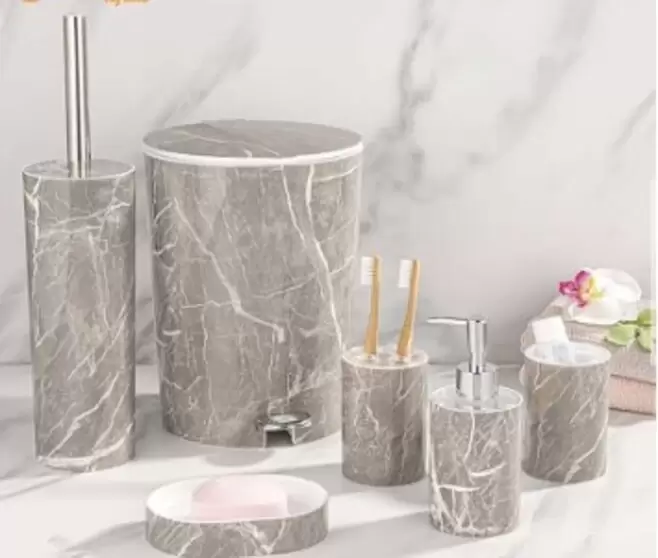 ست بهداشتی 6 پارچه طرح ماربل خط دار - لیمون - طوسی